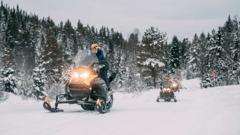 hiihtoladulla ajava moottorikelkka talvimaisemassa