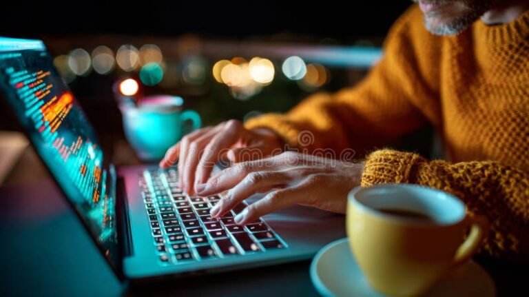 ihminen opiskelee tietokonetta aarella kahvikuppi vieressa