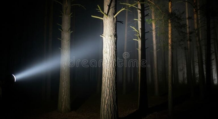 taskulamppu valaisee pimeaa metsaa