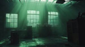 tyhja tehtaan sisatila murheellisella valaistuksella